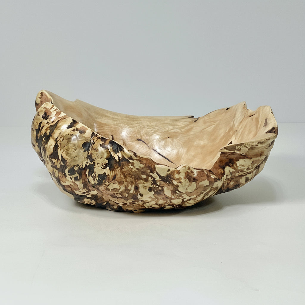 Decorative burl bowl with gold and brown patterns on a gray background